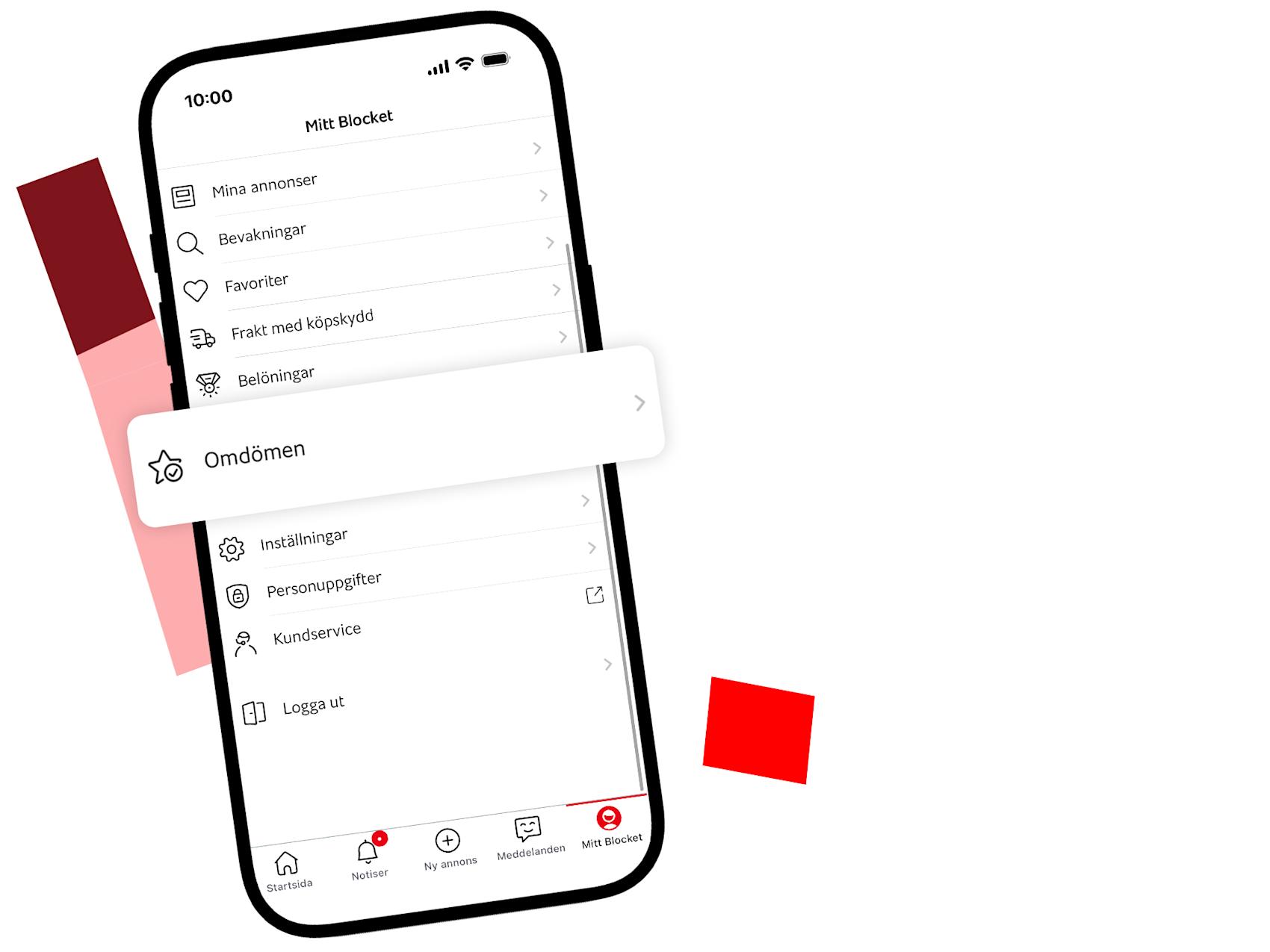 Mobil med grafik bakom. Skärmen highlightar omdömen på Blocket
