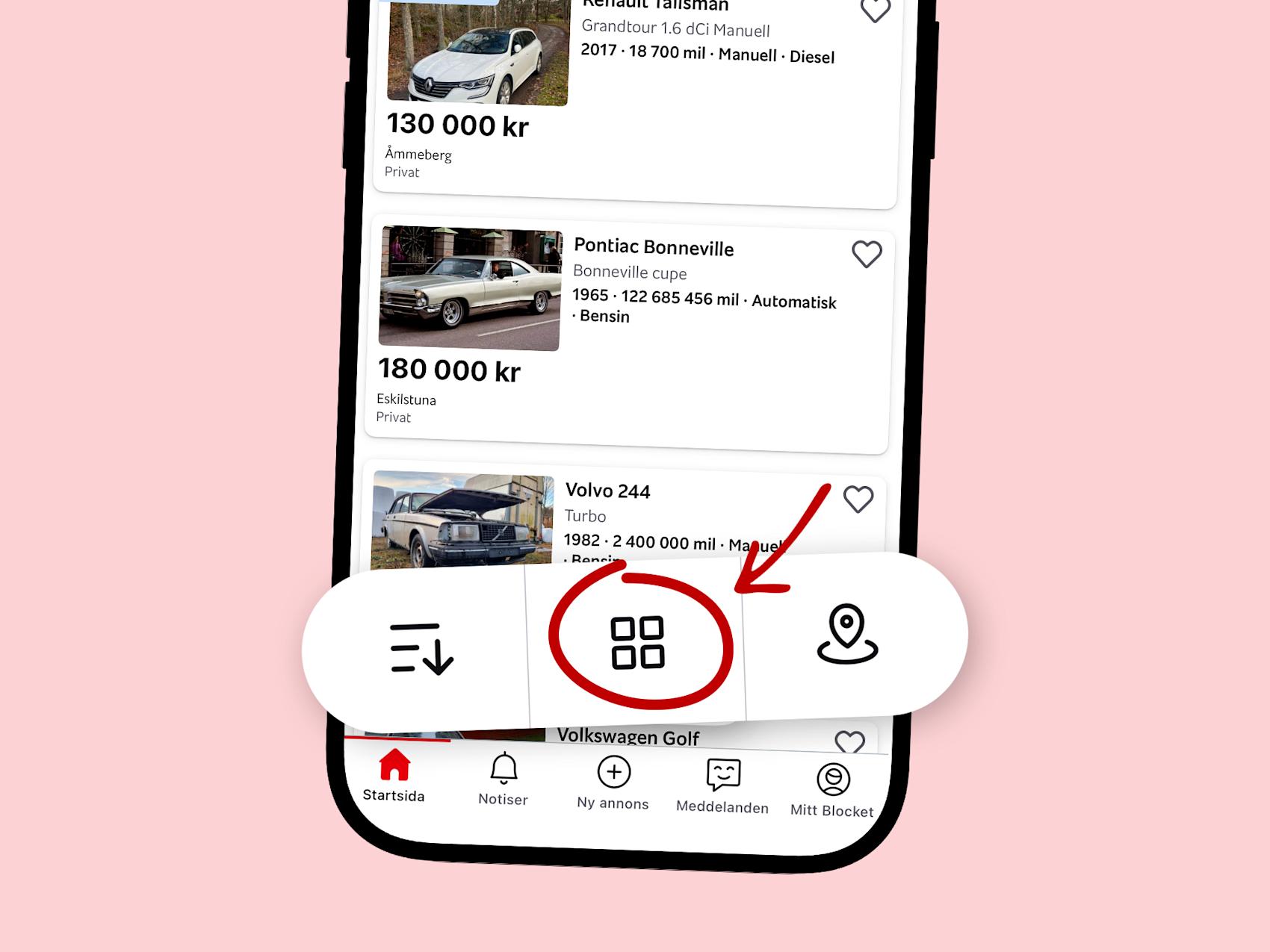 Mobil som visar hur man får större bilder i annonslistorna