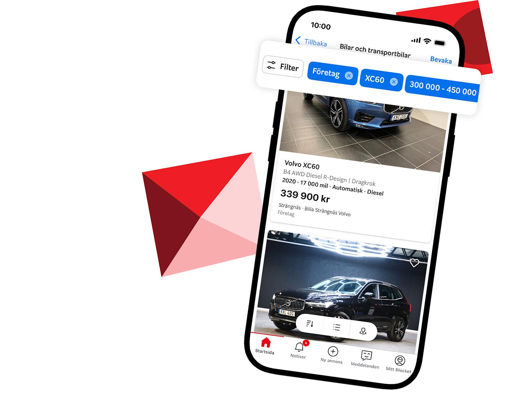 Mobil med grafik i bakgrunden. Skärmen visar filter på Blocket