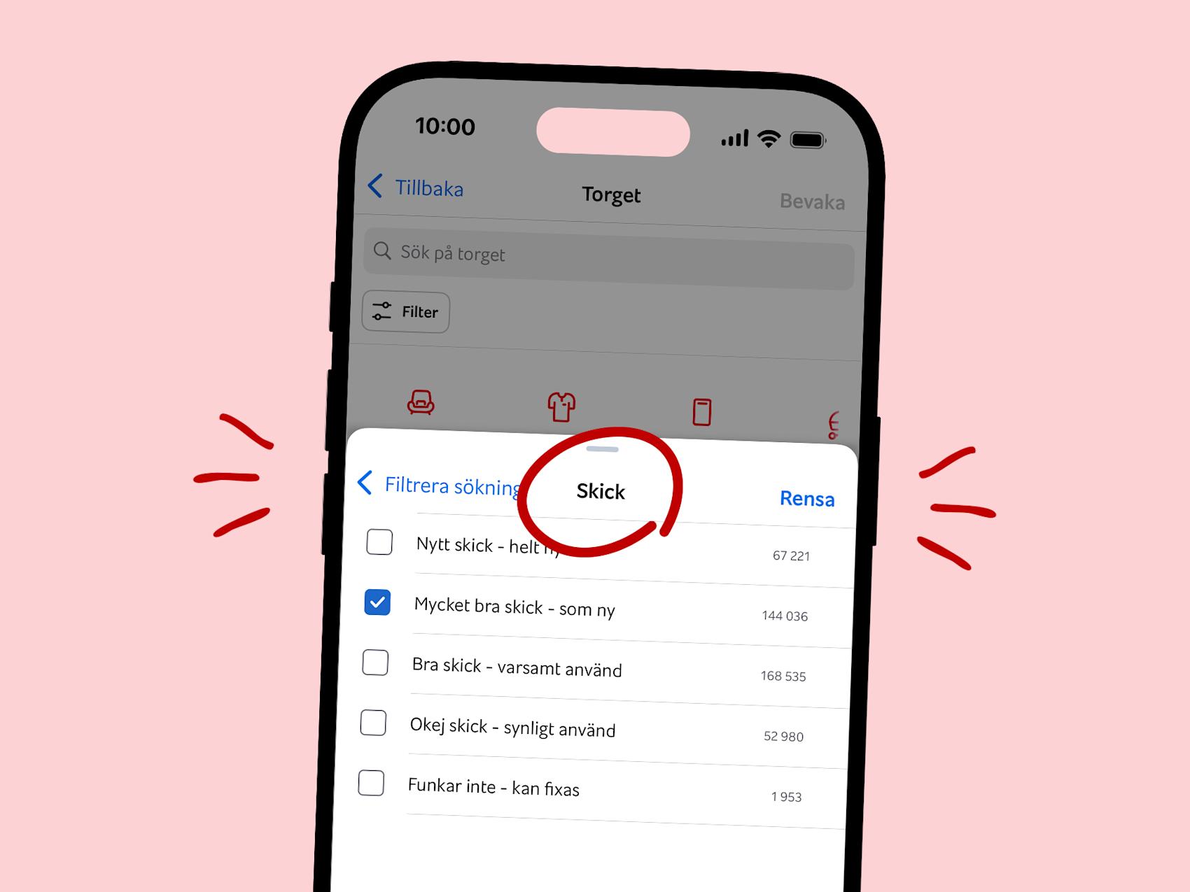 Mobil som visar filter på Blocket