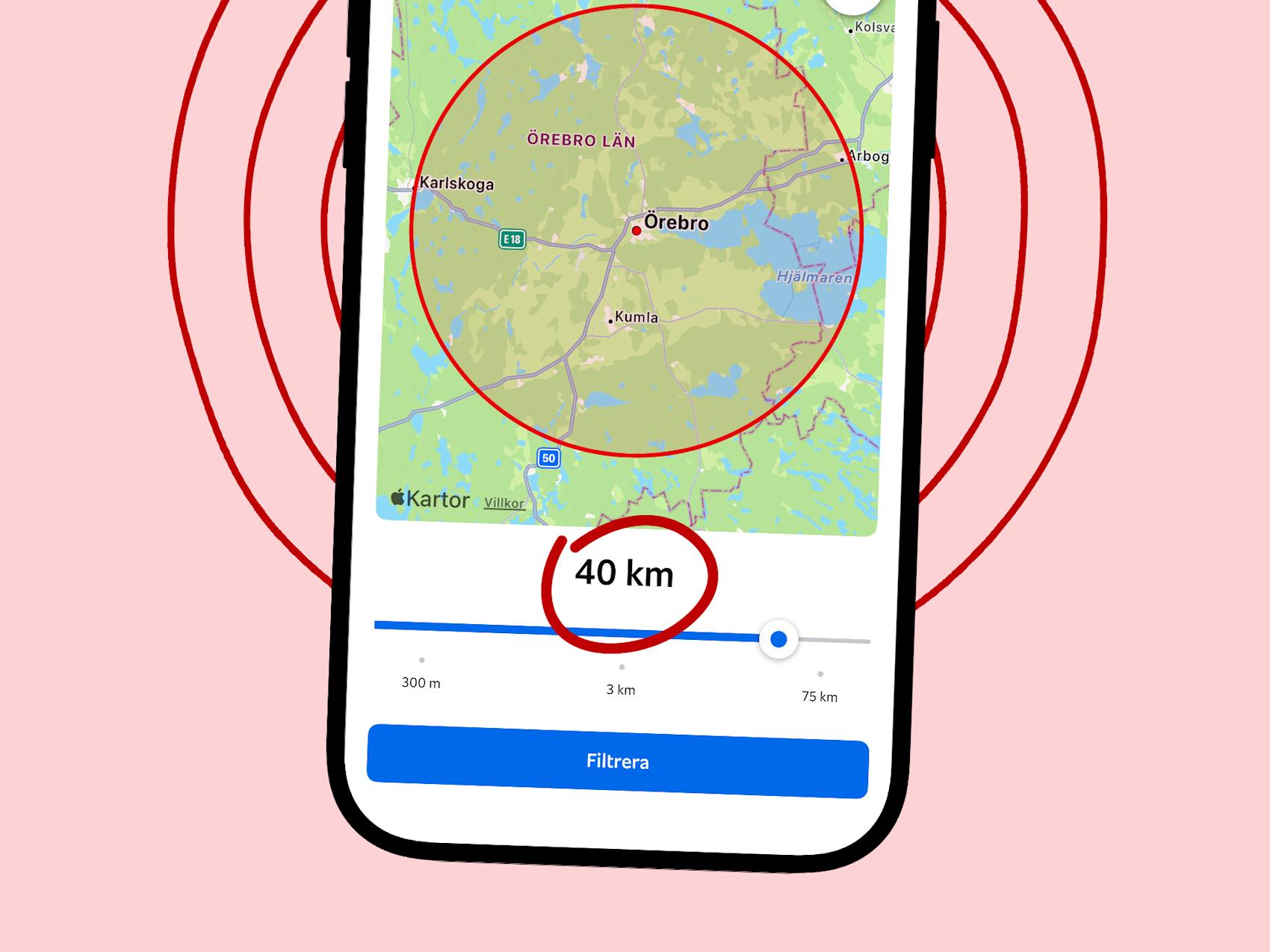 Mobil som visar kartsök på Blocket