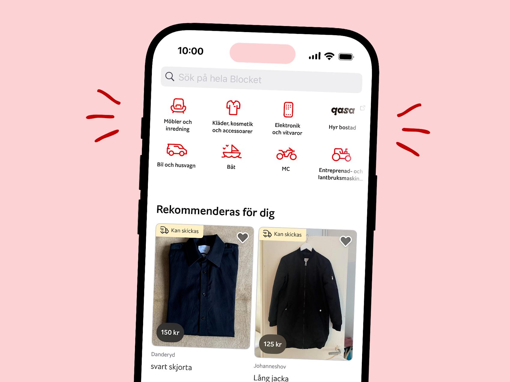 Mobil som visar kategorier på Blocket