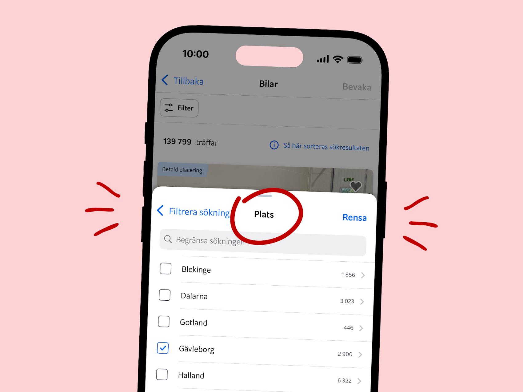 Mobil som visar platsfilter på Blocket