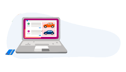Tecknad laptop med bilar på skärmen