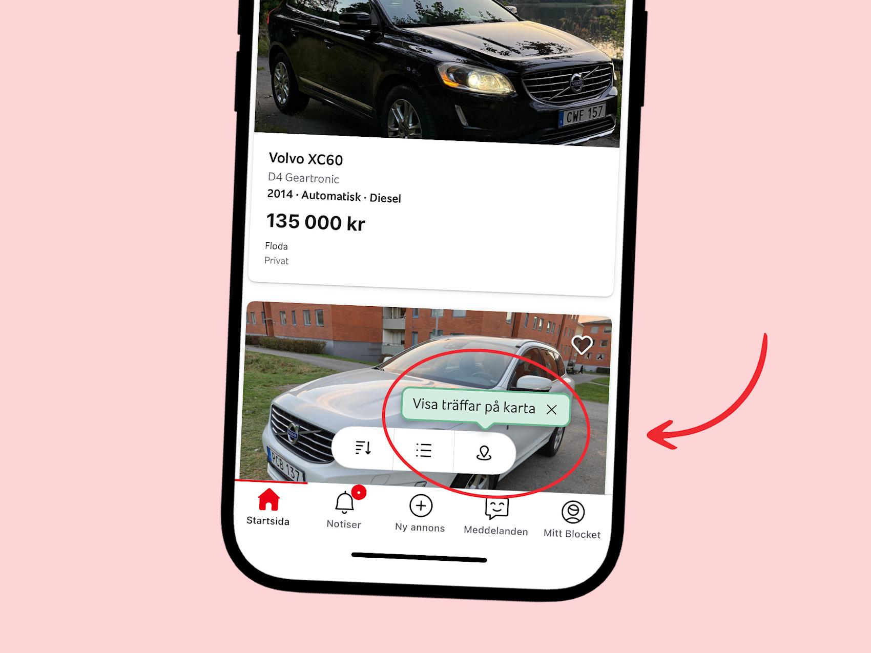 Mobil sm visar kartnålen i Blocket-appen