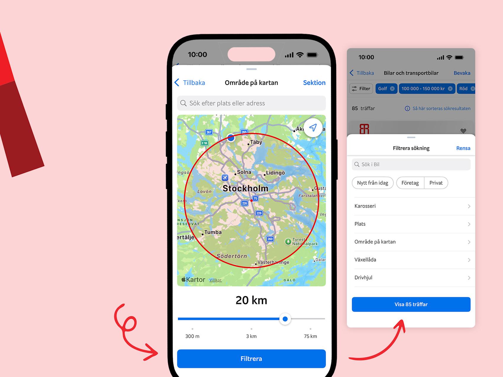 Grafik som visar hur du använder kartsök på Blocket