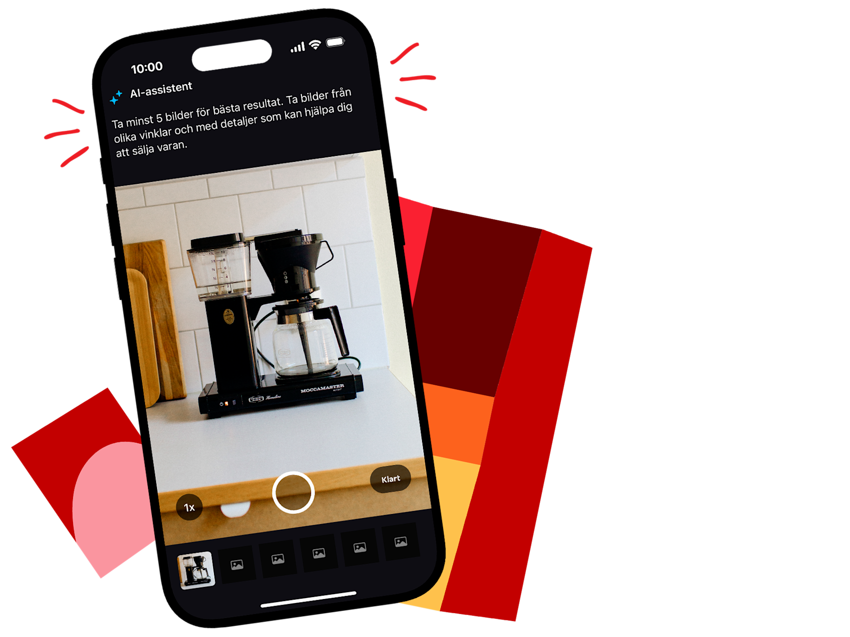 Mobil med grafik i bakgrunden. Skärmen visar bild på en kaffebryggare