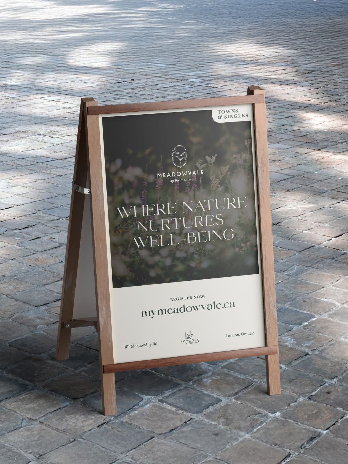 An a-frame sign with the words "Where nature nurtures well-being" and a link to the meadowvale.ca website