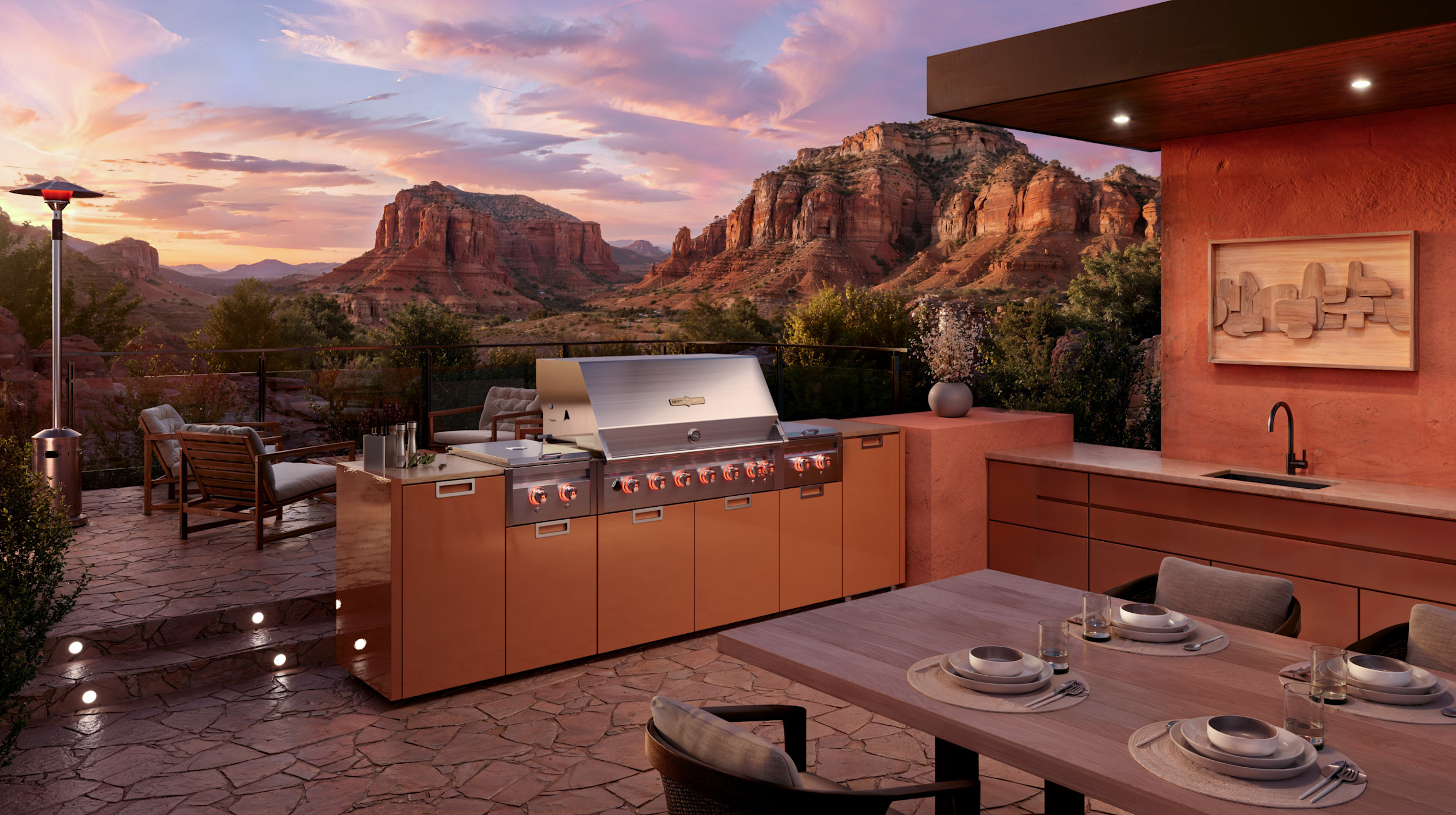 Different coloured grills in different landscapes