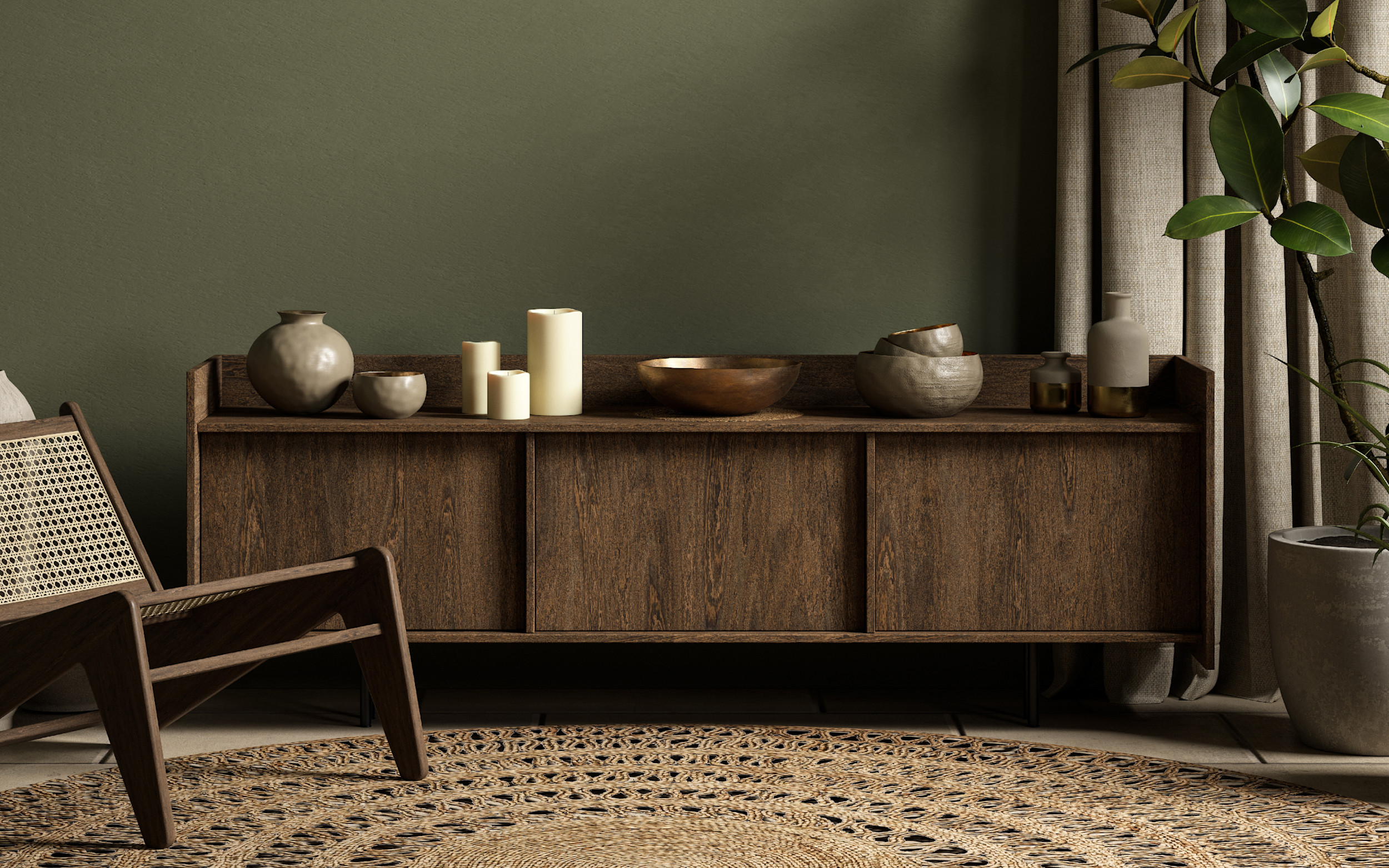 Wood furniture staged against a dark green wall in one of the Mari at Williamsburg homes.