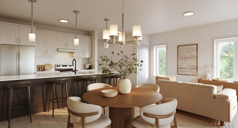 A beautiful kitchen space with modern styled furniture and neutral brown and tan colours