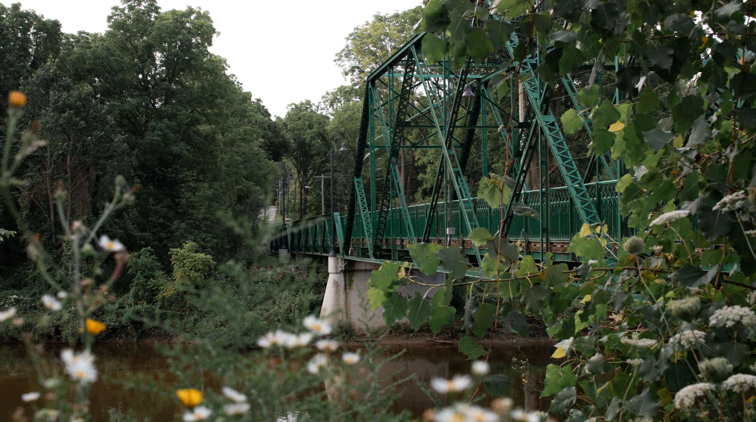 A side view of the green truss walking bridge above the Thames river in London