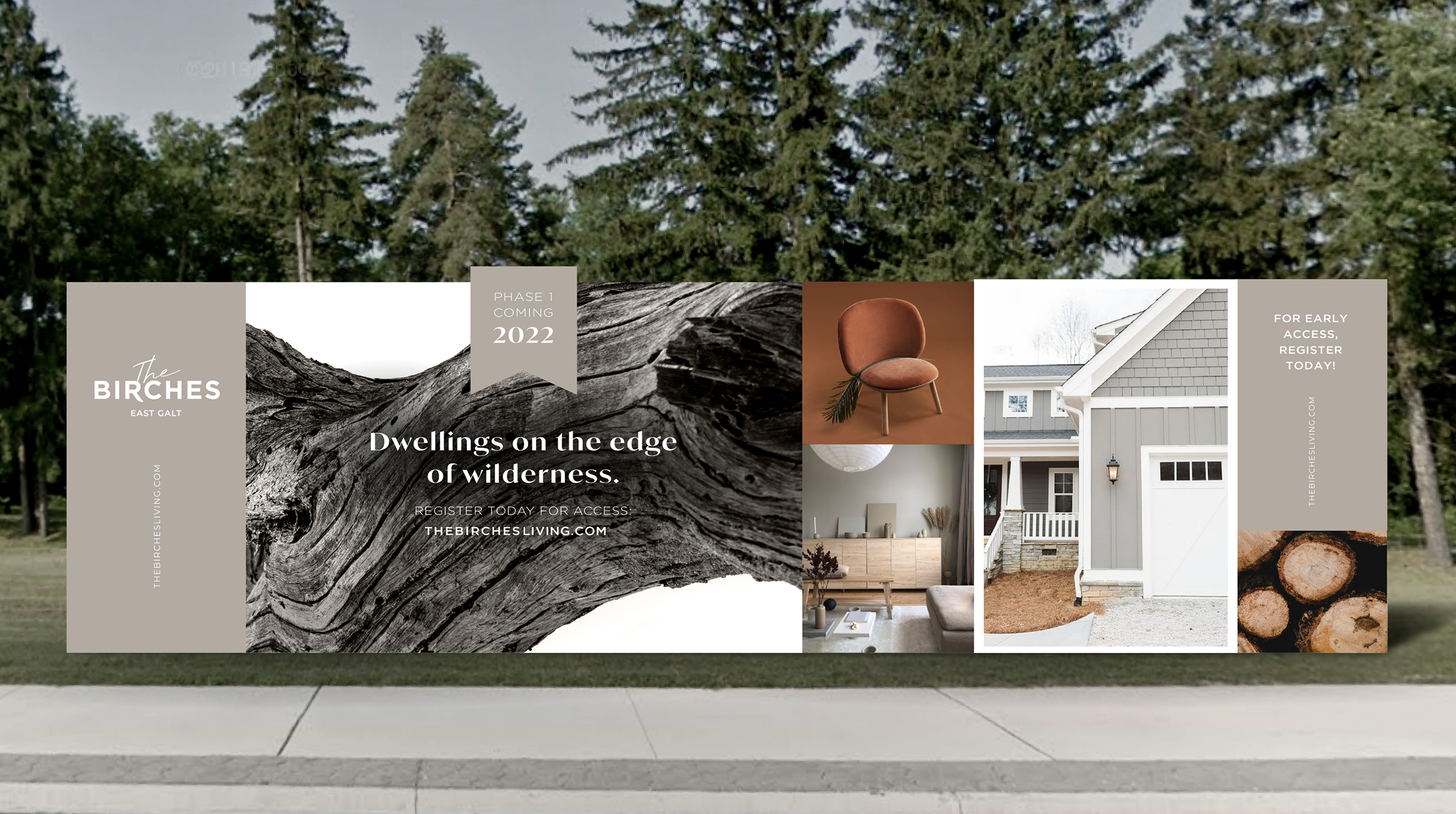 A marketing billboard for The Birches homes