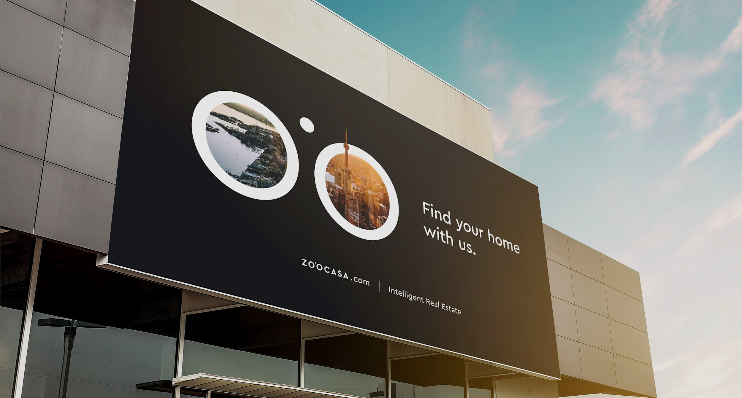 A billboard with the Zoocasa logo and tagline "Find your home with us."