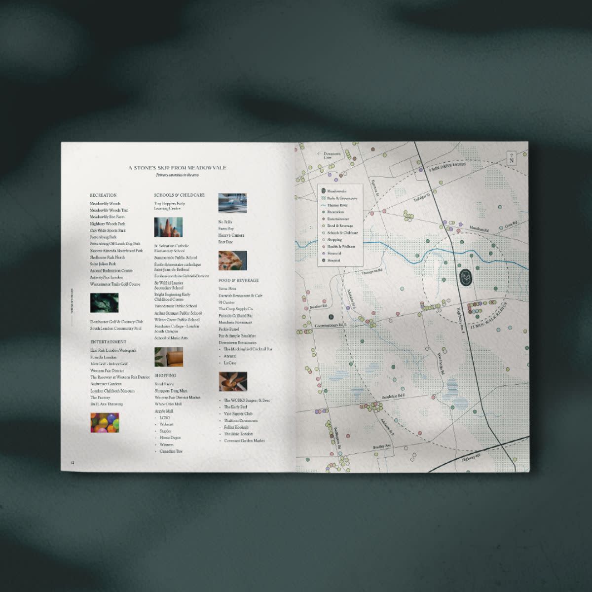 The Meadowvale community map, open to a page with a list of nearby amenities as well as a map of the area