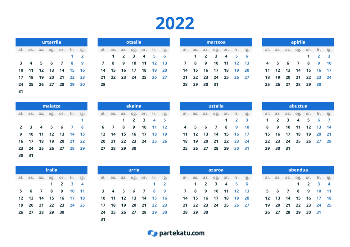 calendario en euskera de 2022 para imprimir