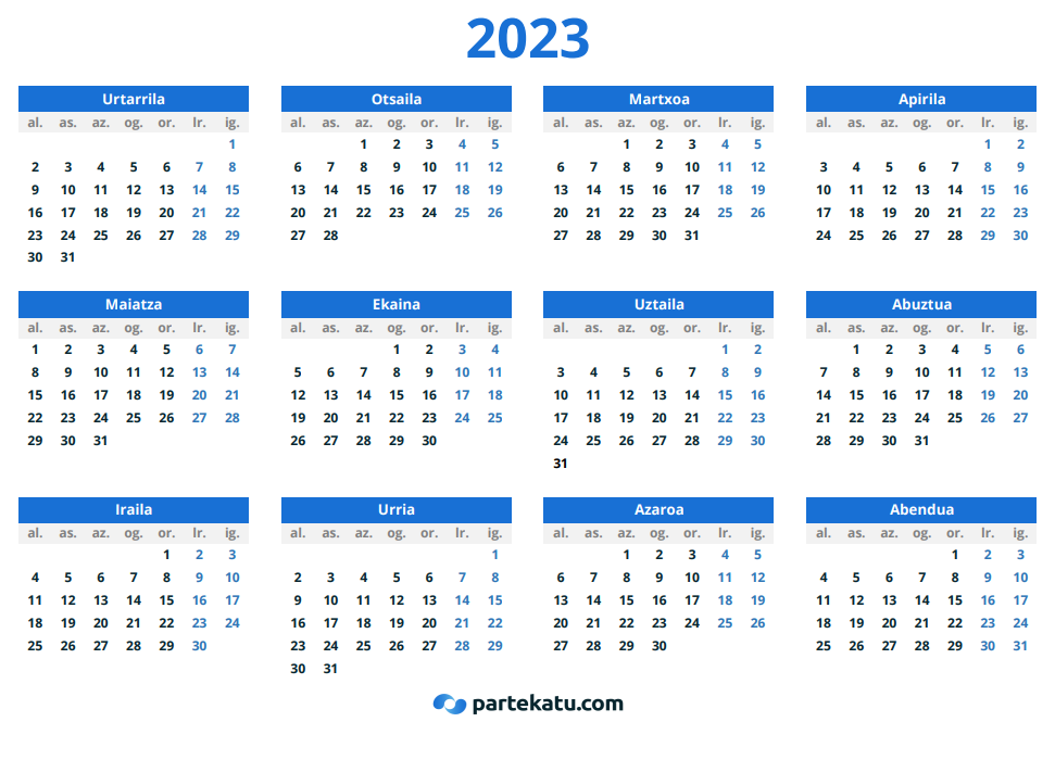 calendario en euskera 2023 para imprimir