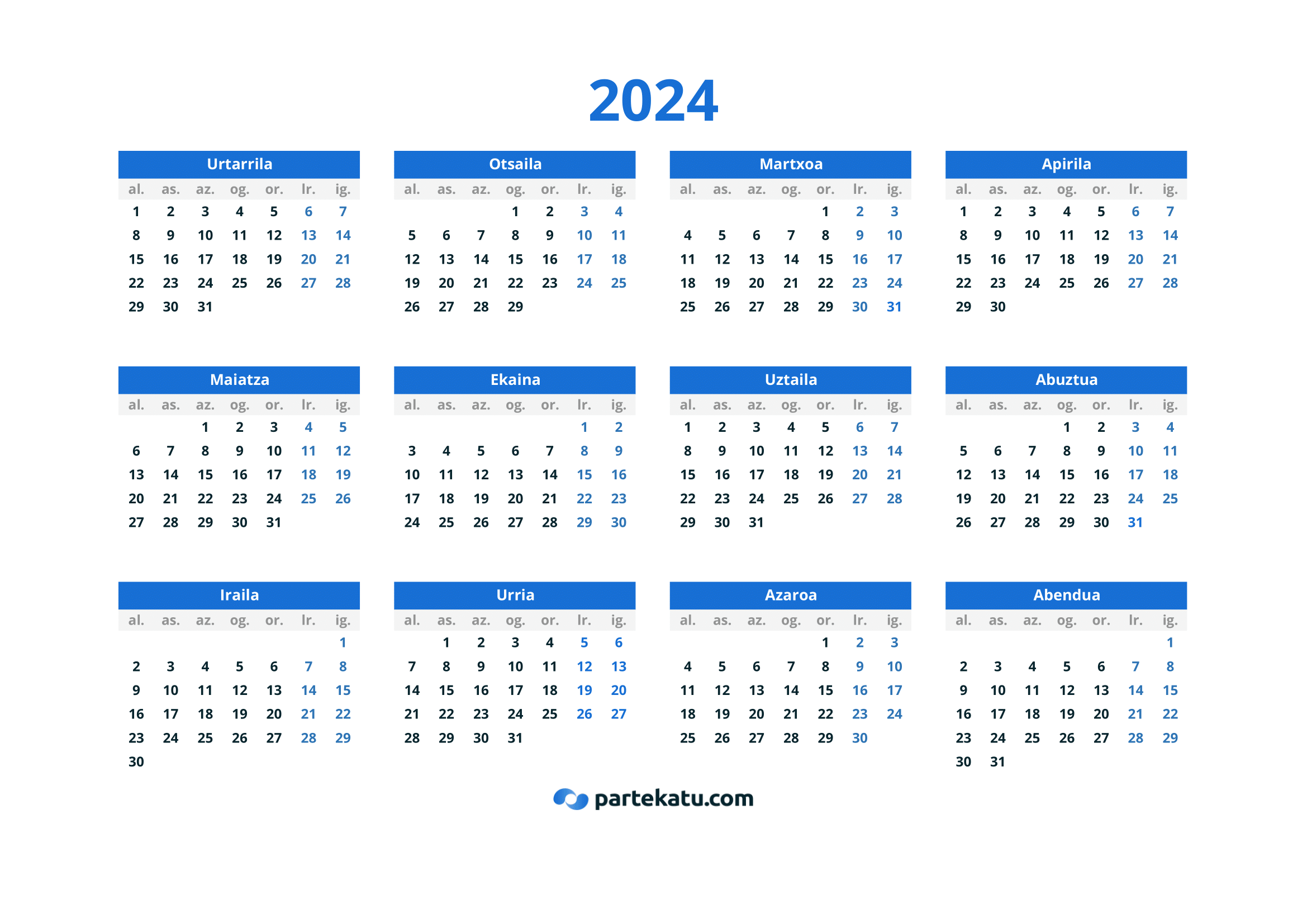 calendario en euskera 2024 para imprimir