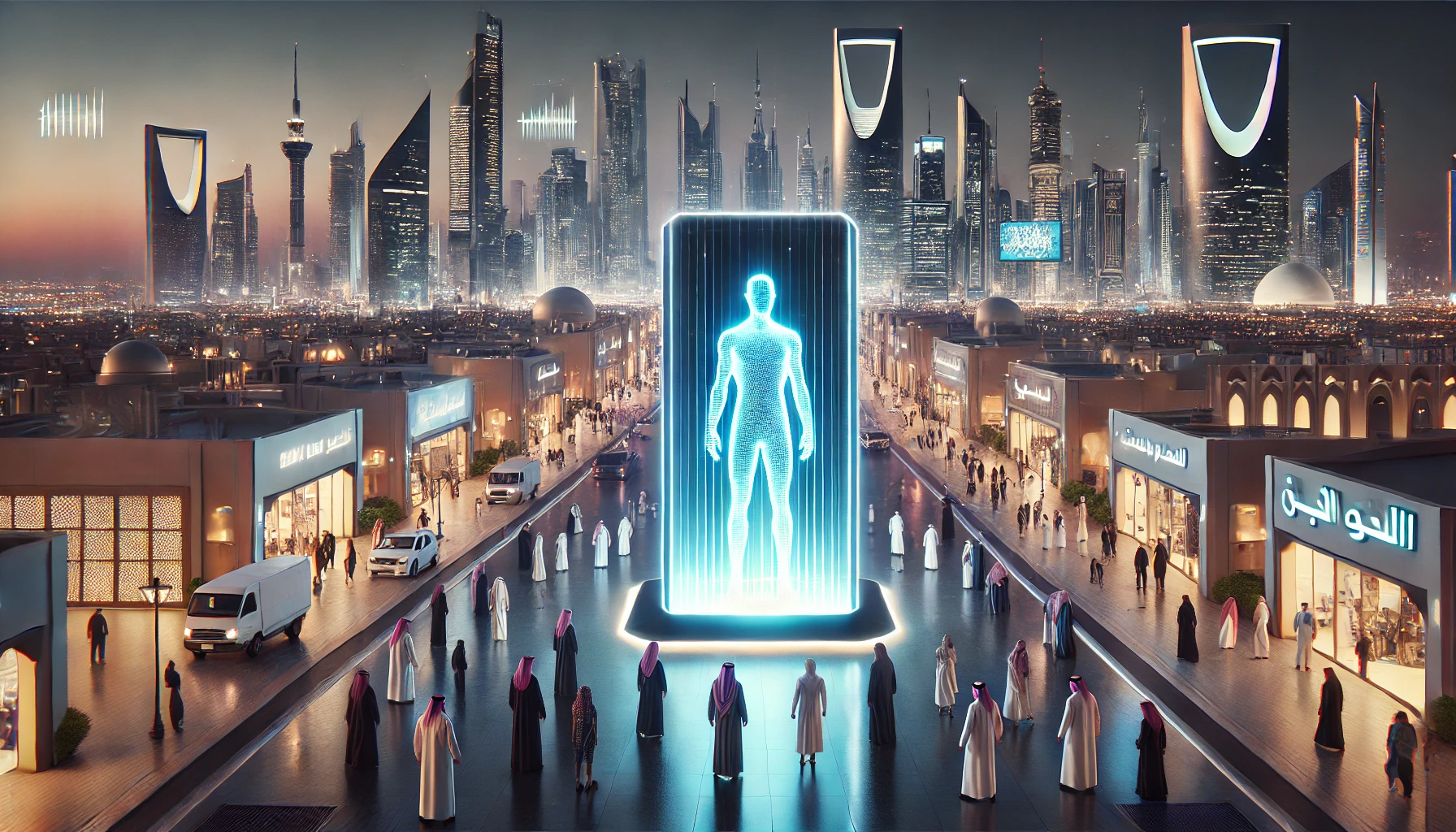 A futuristic cityscape with modern skyscrapers, traditional buildings, and people in Middle Eastern attire surrounding a large holographic human figure in the center of a wide street.