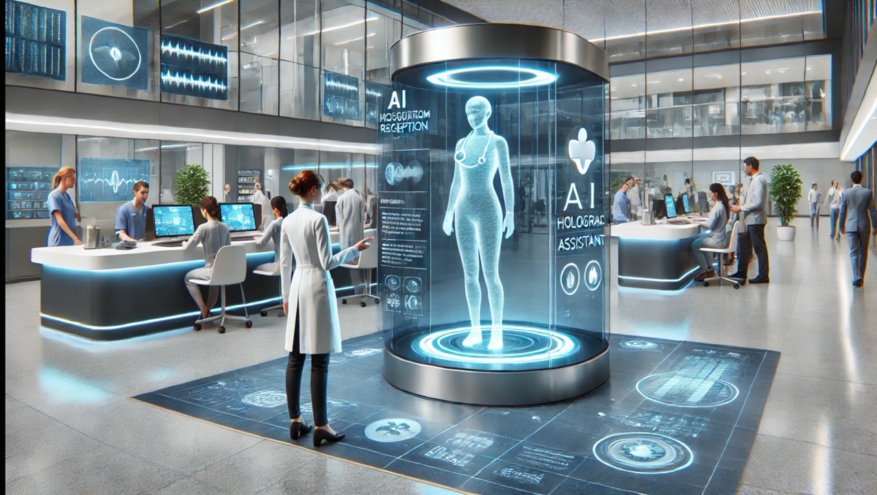 A futuristic hospital scene with doctors and nurses working at computers, while a glowing holographic AI medical assistant displays a human figure in a transparent cylinder at the center of the room.
