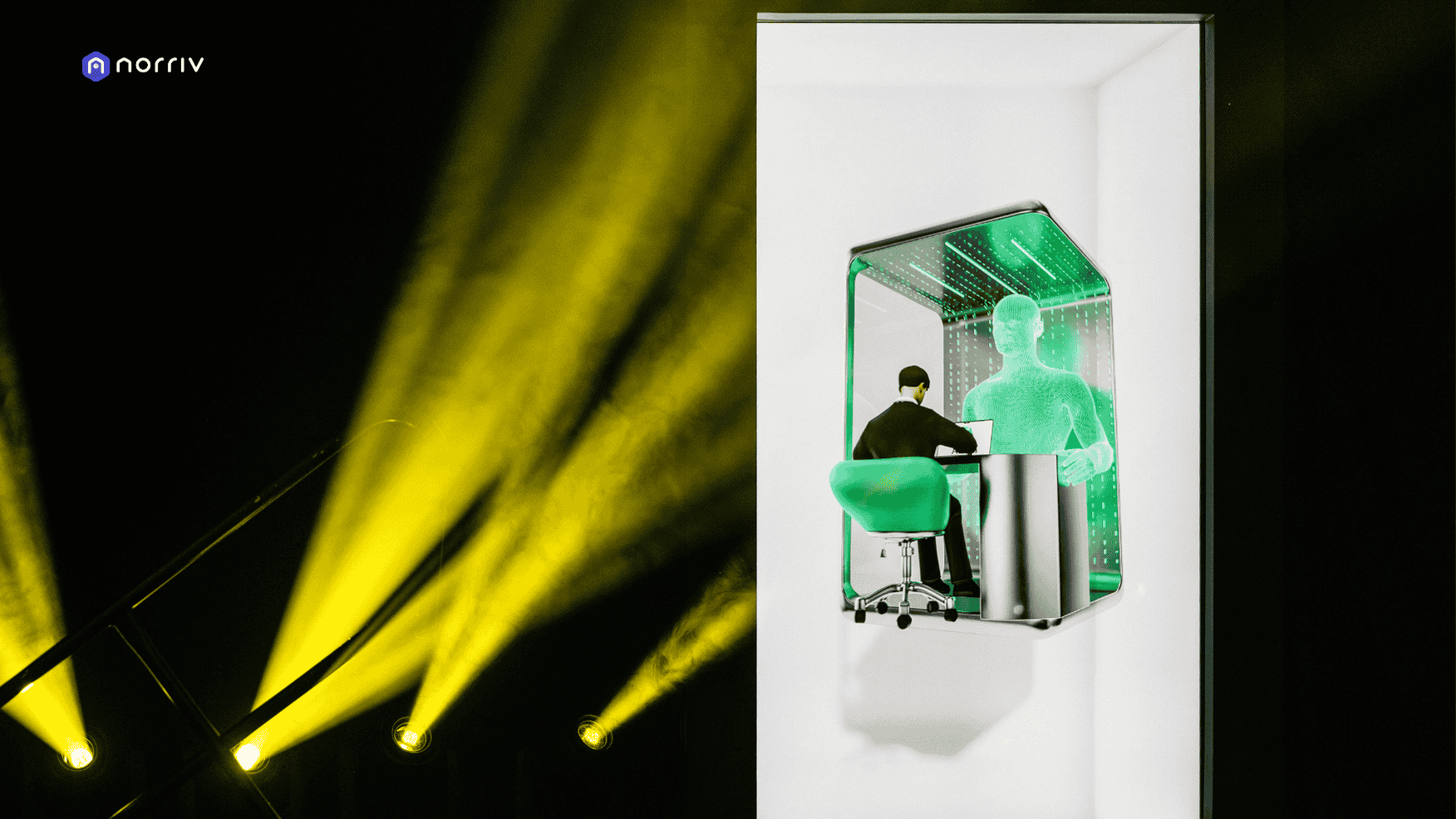 A person sits at a desk facing a large translucent digital figure inside a futuristic, illuminated booth. Bright yellow spotlights shine in the dark background, and a norriv logo appears in the top left corner.