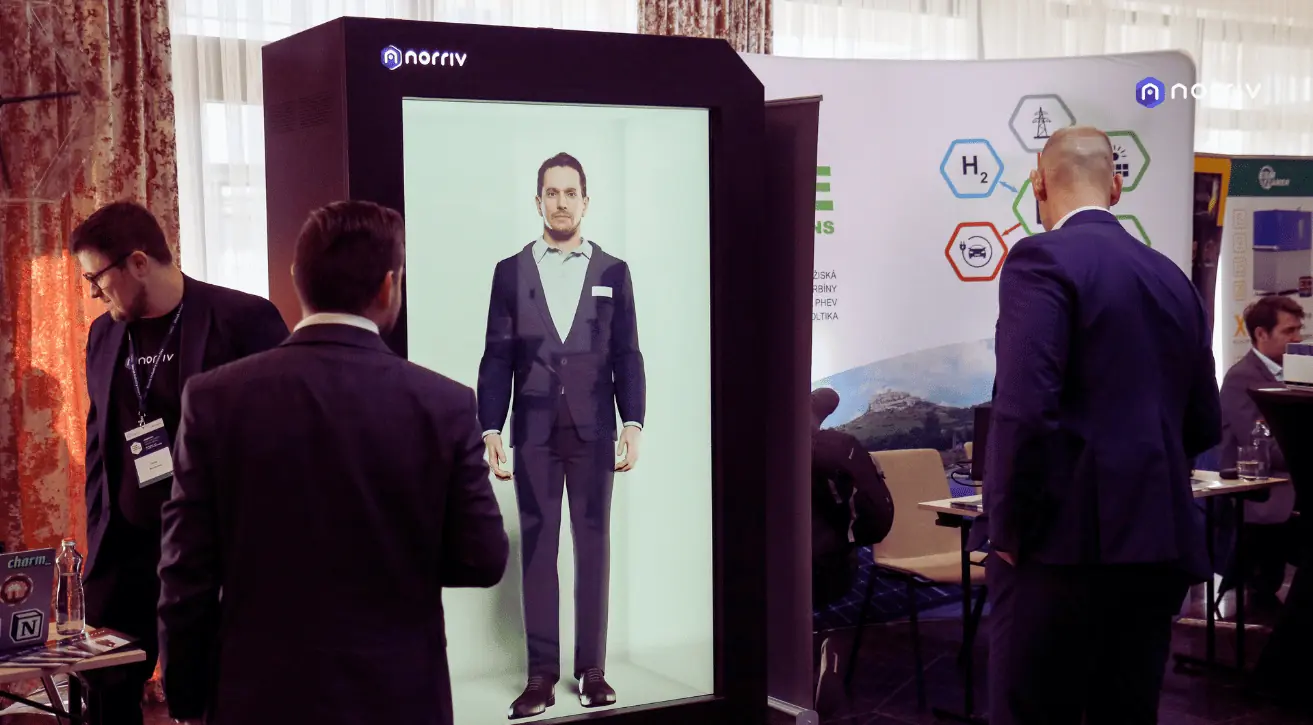 businessmen looking at norriv AI hologram