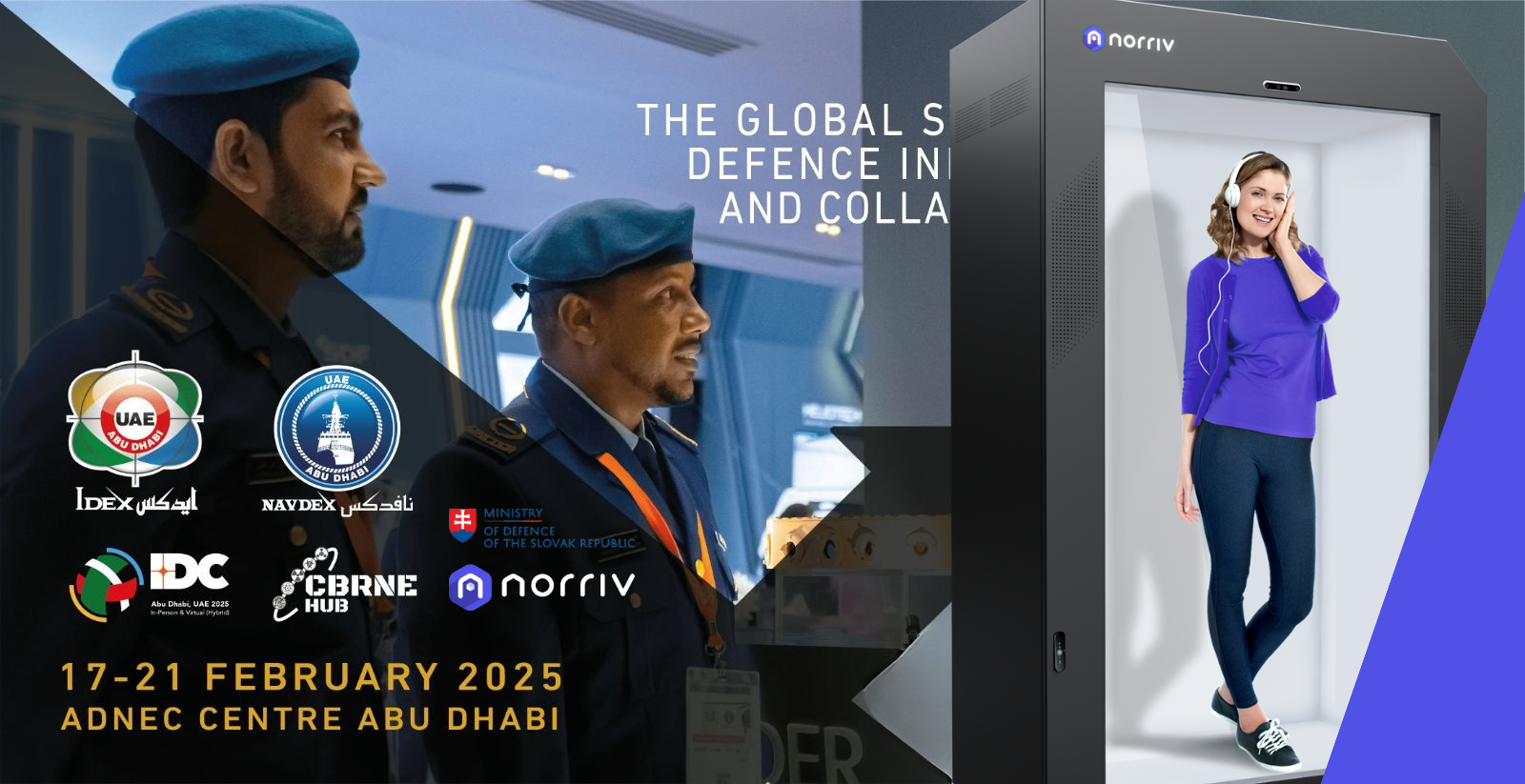 Two uniformed officers in blue berets stand beside an exhibit; next to them, a woman stands smiling inside a futuristic scanning booth. Event details for a global defence expo in Abu Dhabi, February 2025, are displayed.