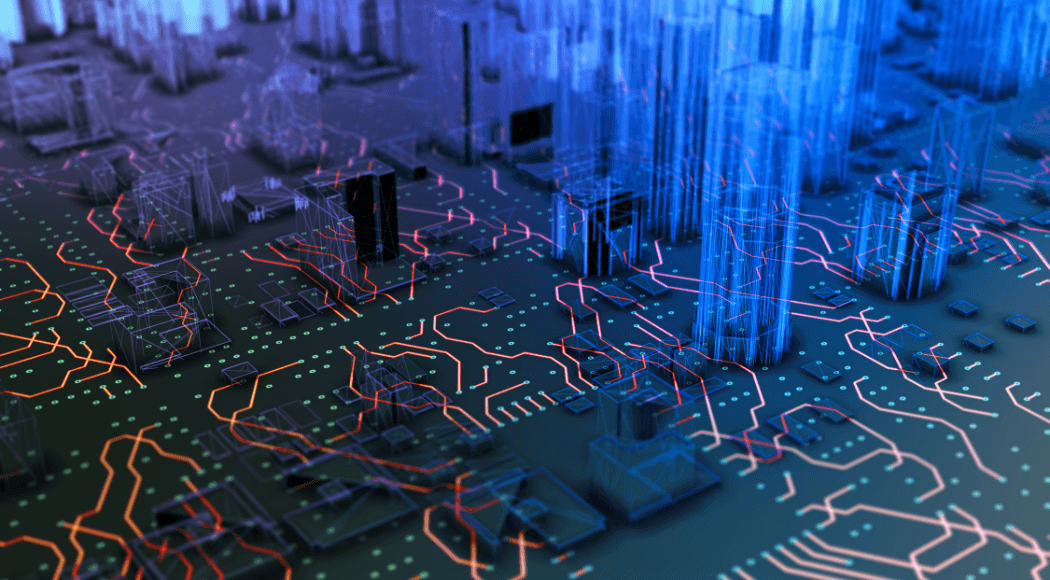 A digital illustration of a city skyline with skyscrapers, blending into a circuit board, featuring glowing lines and electronic components representing the intersection of technology and urban infrastructure.