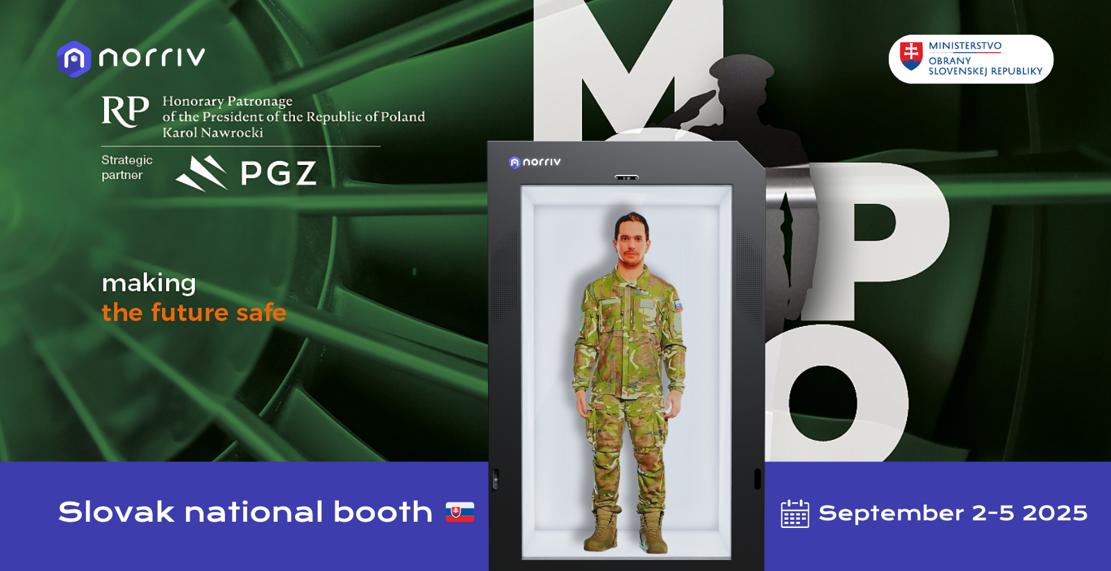 A soldier stands in a full-body scanner at an exhibition booth featuring the logos of Norrv, RP, PGZ, and the Slovak flag. Text reads making the future safe and September 2-5 2025.