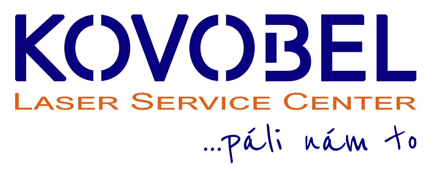 Logo showing KOVOBEL Laser Service Center in blue and orange text, with the handwritten phrase ...páli nám to in blue underneath.