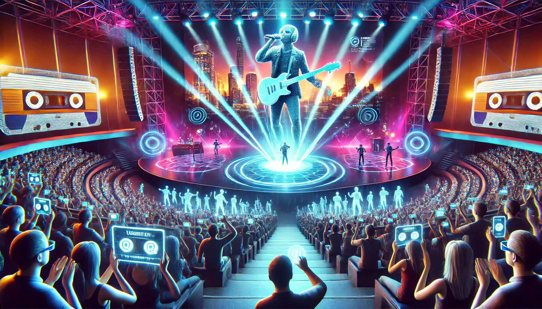 A futuristic concert with a holographic singer on stage, vibrant lights, large cassette tapes, a cityscape backdrop, and an audience holding digital tablets, some appearing as holograms in a packed arena.