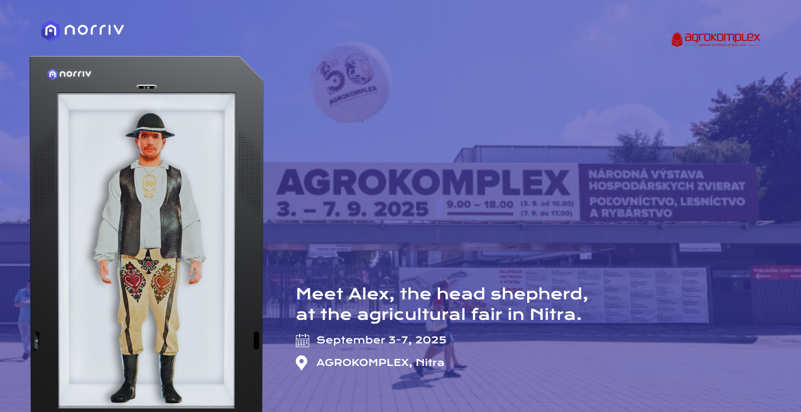 A display featuring Alex, a model head shepherd in traditional attire, stands in front of the AGROKOMPLEX agricultural fair entrance in Nitra. Text details the event dates: September 3-7, 2025, at AGROKOMPLEX, Nitra.