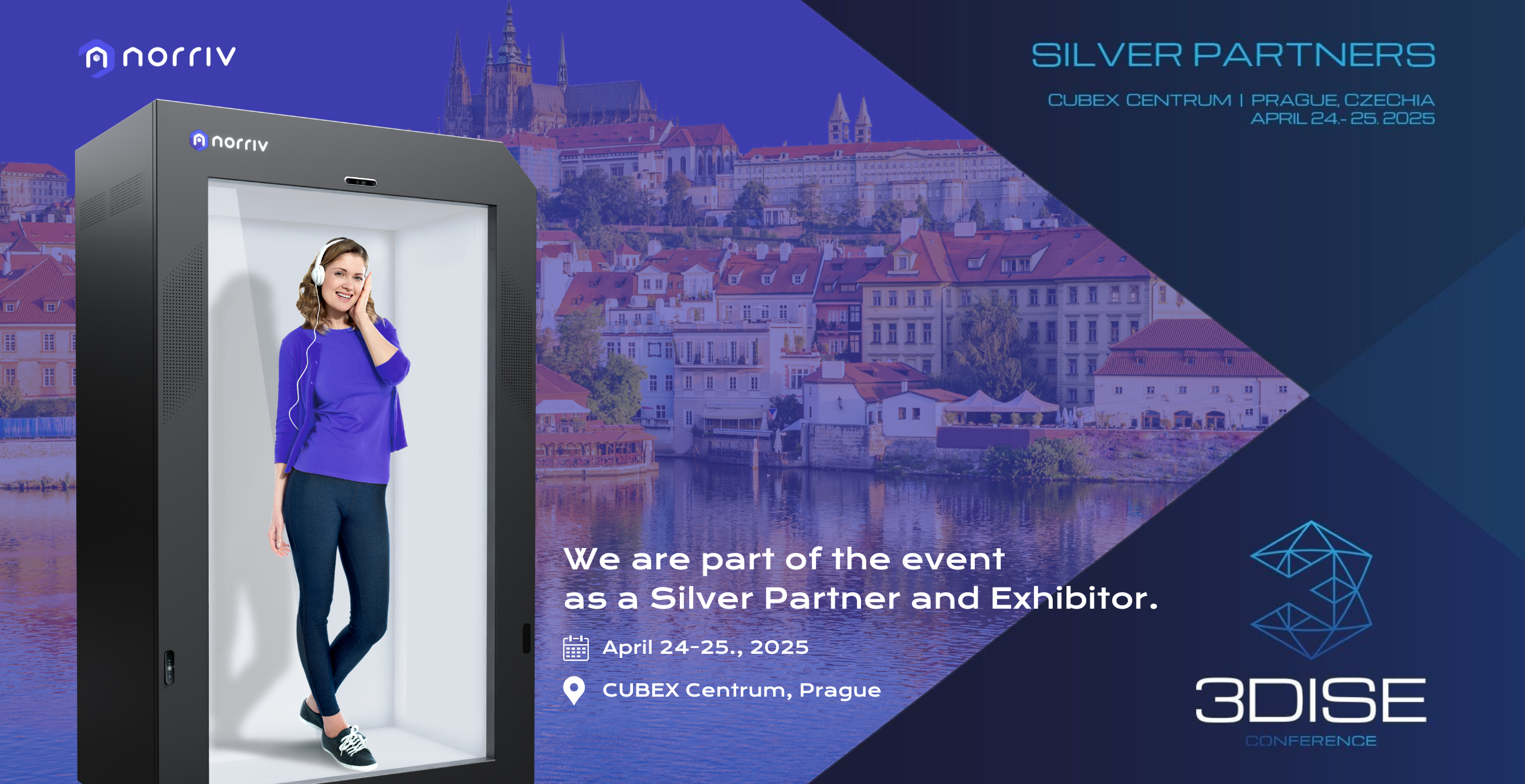A smiling woman stands inside a large display box in front of a cityscape of Prague. Text announces Norriv as a Silver Partner and Exhibitor at the 3DISE Conference, April 24–25, 2025, at CUBEX Centrum, Prague.