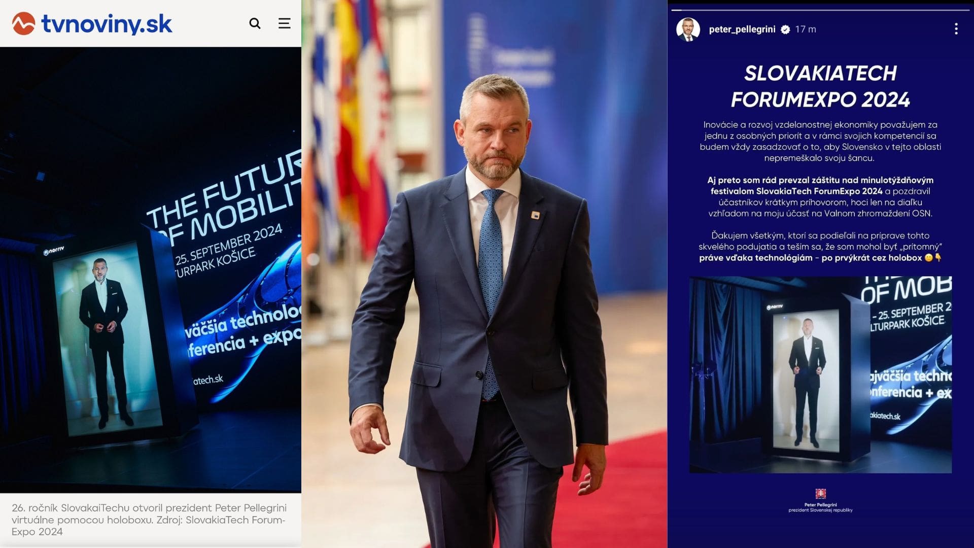 A man in a suit walks on a red carpet, flanked by two digital posters about SlovakiaTech ForumExpo 2024, showcasing event details and technology-themed graphics. Flags are visible in the background.
