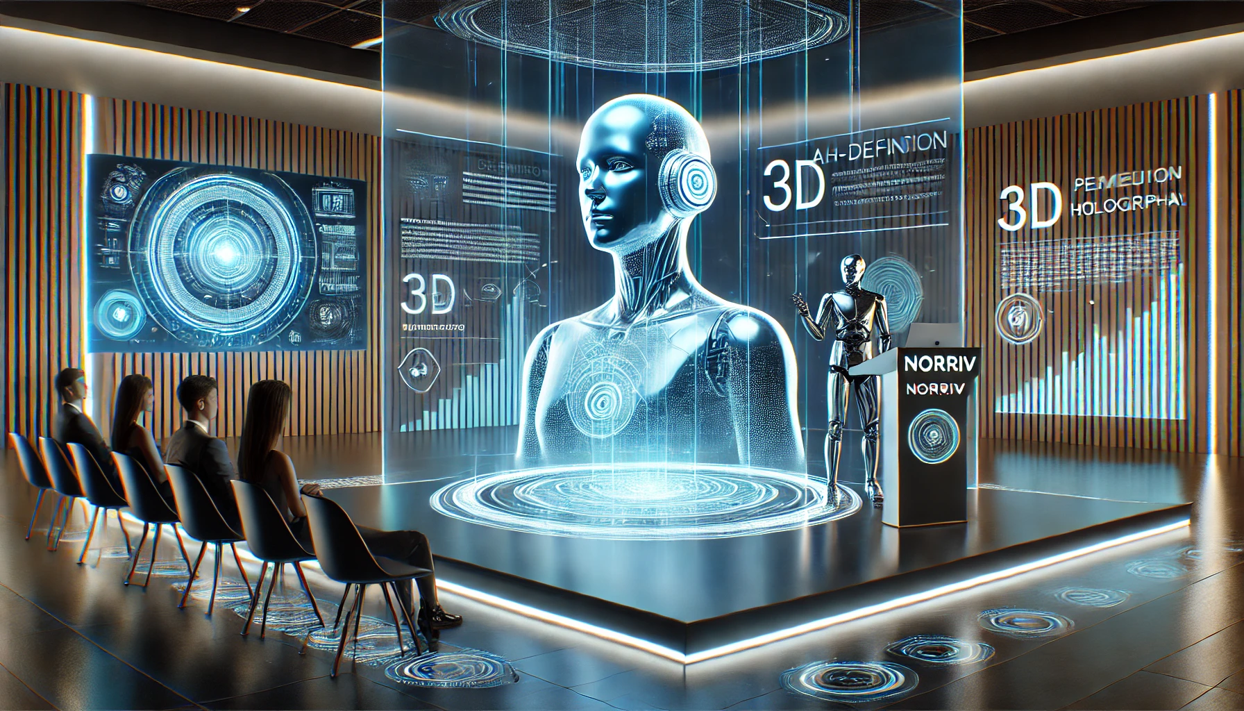 A futuristic conference room with people watching a high-definition 3D hologram of a humanoid robot, surrounded by digital screens displaying holographic data and graphics.
