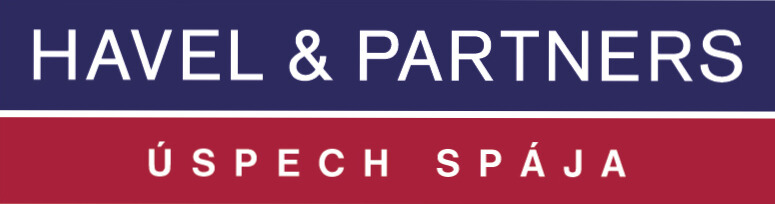 Logo with HAVEL & PARTNERS in white text on a blue background above ÚSPECH SPÁJA in white text on a red background.