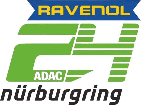 Logo for the 24-hour Nürburgring race featuring Ravenol in a blue and yellow banner, a large green 24 with ADAC inside, and nürburgring in black text below.