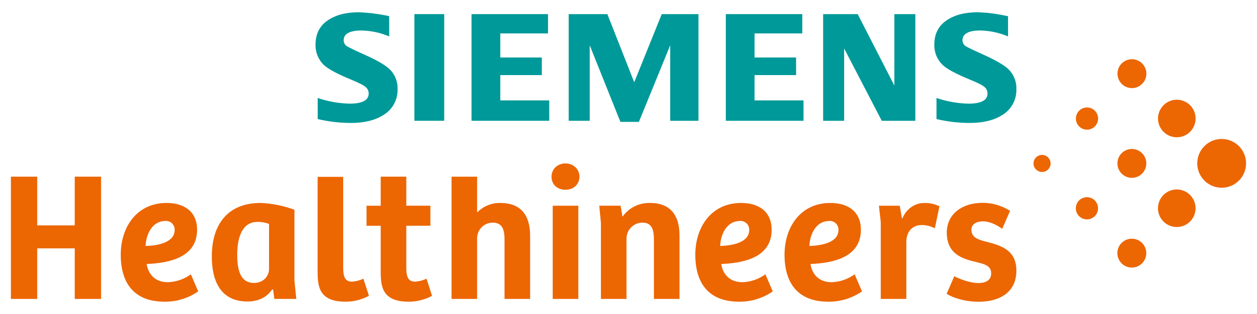 Siemens Healthineers logo featuring SIEMENS in teal and Healthineers in orange, with a cluster of orange dots on the right.