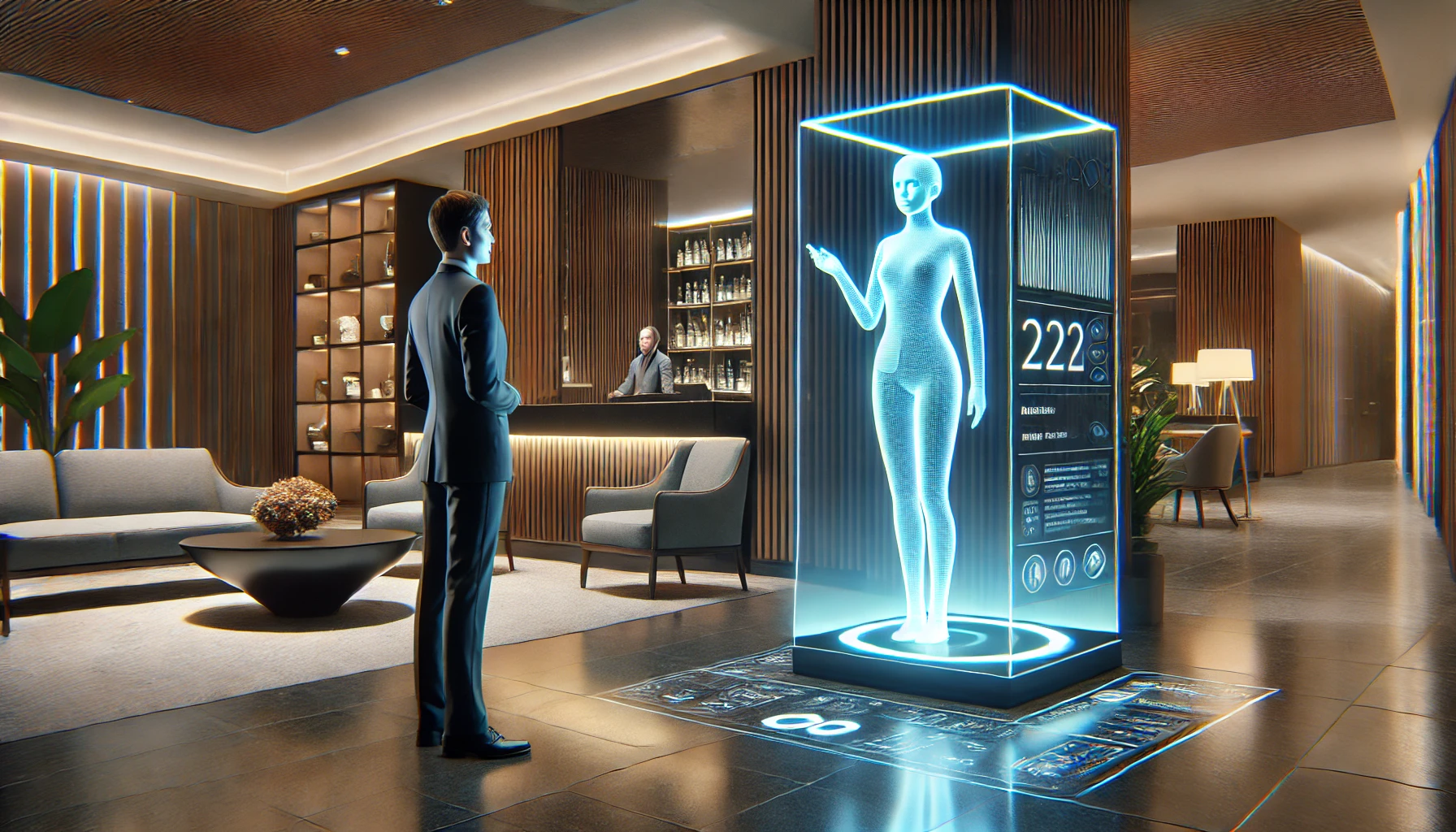 A man in a suit stands in a modern hotel lobby, interacting with a large, glowing holographic display of a human figure showing room information, while a concierge is at the reception desk in the background.