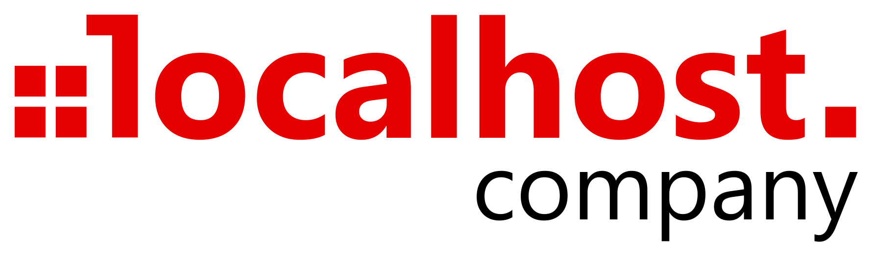 The image displays the text “localhost company,” with “localhost” in bold red lowercase letters and “company” in black lowercase letters on a light gray background.