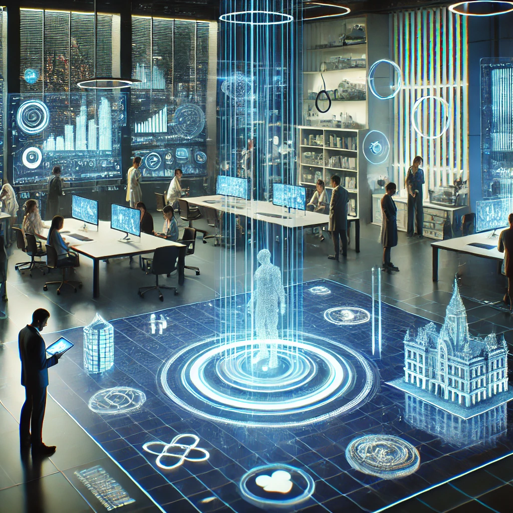 Futuristic office with people working at desks and digital holograms displaying data, charts, and architectural models. A holographic human figure stands at the center, surrounded by glowing blue projections.