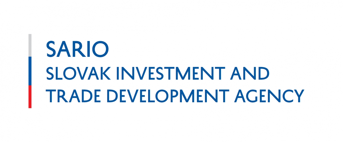 Logo of SARIO, Slovak Investment and Trade Development Agency, with blue text and a vertical stripe featuring grey, blue, and red segments on the left side.