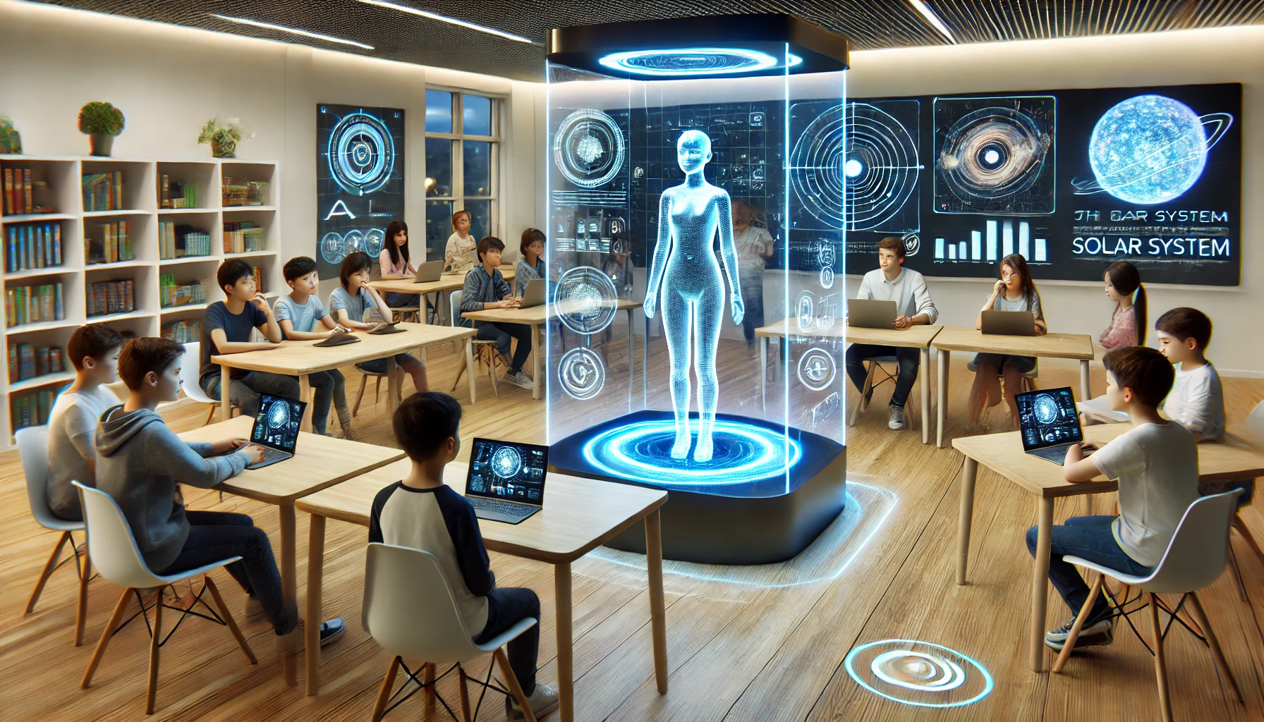 A futuristic classroom with students at desks using tablets, centered around a large holographic display of a human figure and digital data, with interactive screens and charts projected on the walls.