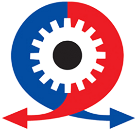 A stylized gear is centered within a circular arrow, half blue and half red, with matching blue and red arrows pointing outward in opposite directions.