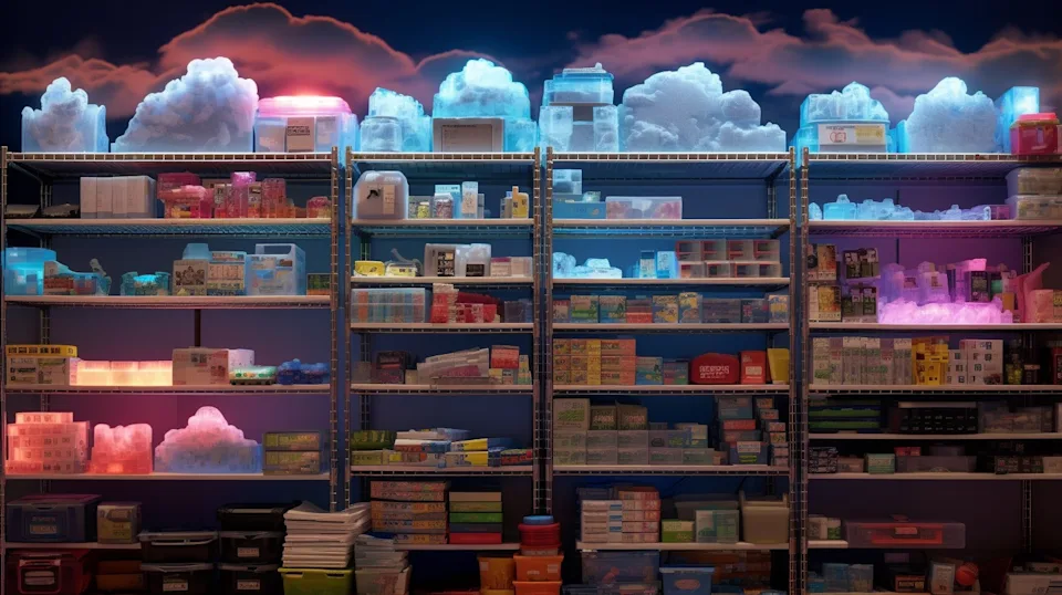 samexpert A cluttered supermarket shelf filled with various cloud services