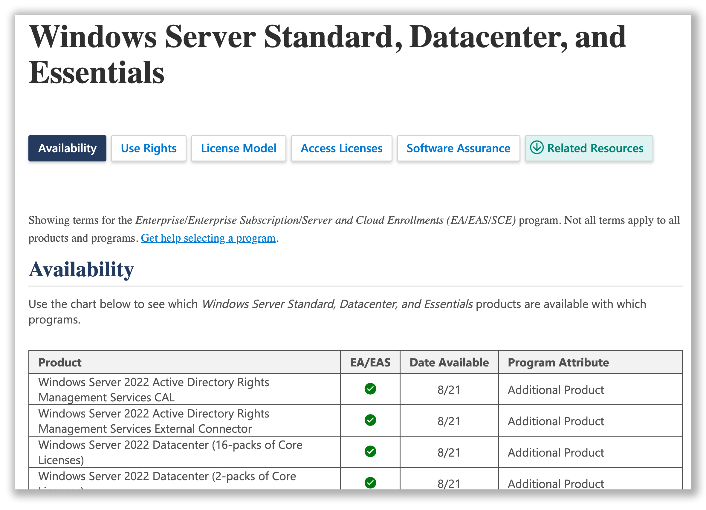 Windows Server Availability in EA