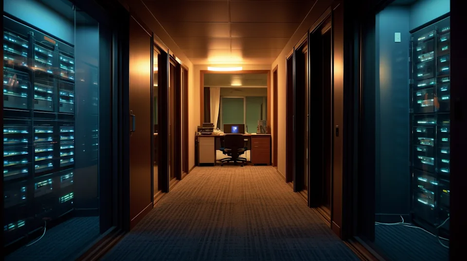 samexpert A server room juxtaposed with a hotel room