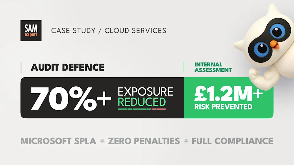 SAMexpert cloud services case study infographic showing 70%+ audit exposure reduced and £1.2M internal assessment risk prevented, with Microsoft SPLA, zero penalties, and full compliance