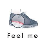 Illustration eines grauen Schuhs mit rotem Kreis und Text "Feel me" darunter