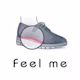 Illustration eines grauen Schuhs mit rotem Kreis und Text "Feel me" darunter